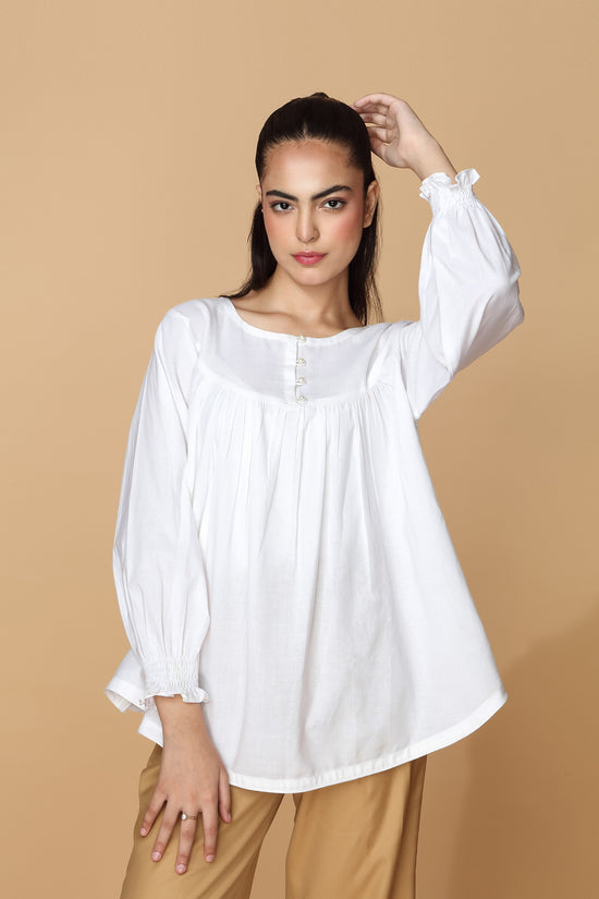 White Cotton Gathered Blouse kevincollin.com