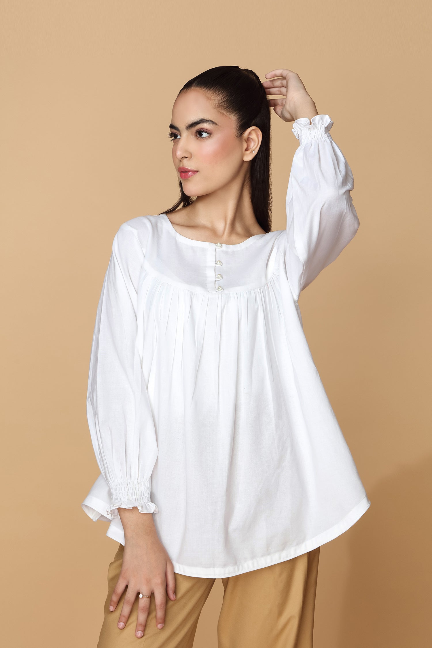 White Cotton Gathered Blouse kevincollin.com